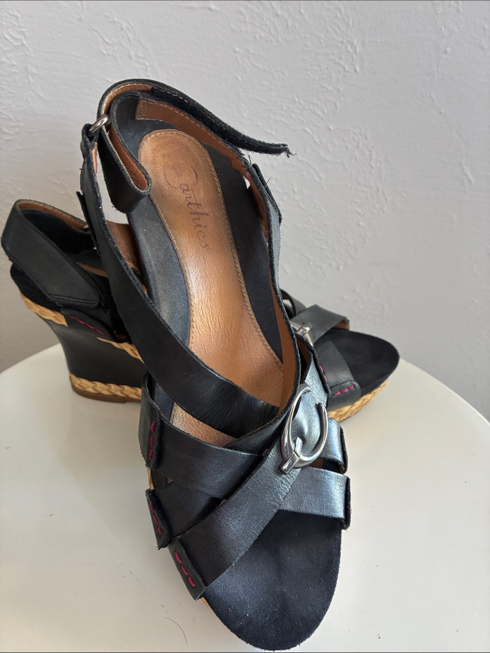 Earthies Black Leather Strappy Wedge Sandals with Silver Buckle